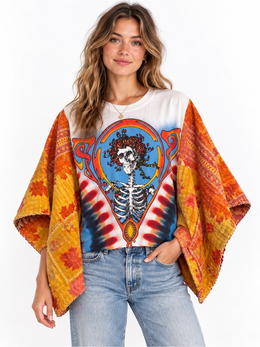 Grateful Dead Skeleton Rose Tie Dye Kantha Kimono Sleeve Upcycled Top